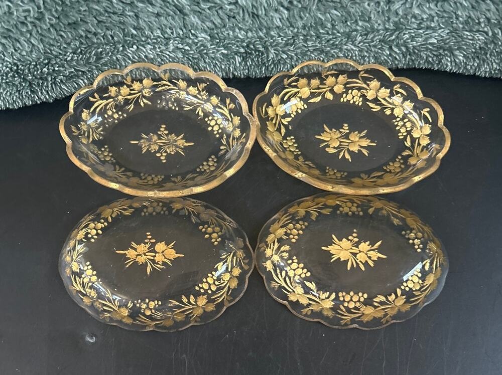 Four Salt Cellars Antique French Glass Engraved 24 Kt Gilt
